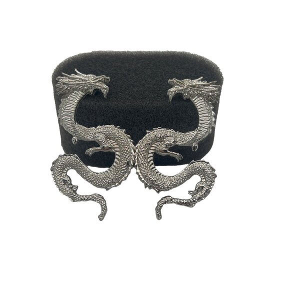 Silver Dragon Earrings Mystical Chinese Fantasy Intricate Detailing 2.25" - Picture 1 of 4
